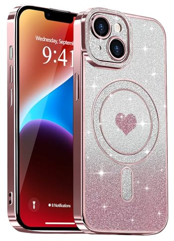 Lafunda compatibile con iPhone 14 Cover Placcatura magnetica Bling Glitter Custodia Sequin Design Camera Protection Case Ragazze Fashion Luxury Cover per iPhone 14 Rosa | Compatibile con MagSafe, Cover protettiva per ragazze e donne, con lustrini, trasparente, antiurto, motivo cuore