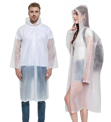 SHOCHX Regnponcho-regnrockar för vuxna, 2-pack män kvinnor vattentät regnrock regnkläder med huvor och ärmar, återanvändbar regnbeständig poncho för nödsituation, utomhus, camping, Disney, resor, Vit