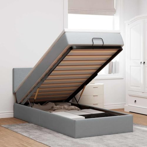 MOBCANT Ottoman-Bett mit Matratze, Familienbett Polsterbett Doppelbett Bettrahmen Geeignet für Schulen Schlafzimmer Gästezimmer Wohnungen Hellgrau 100x200 cm Stoff