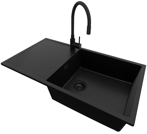 PRIMAGRAN Lavandino da Cucina al Mobile 60cm + Rubinetto, 90x50cm | Set: Rubinetto BW6020 + Kit di scarico + Lavello in Granito a 1 Vasca - Ibiza , Tutto Nero