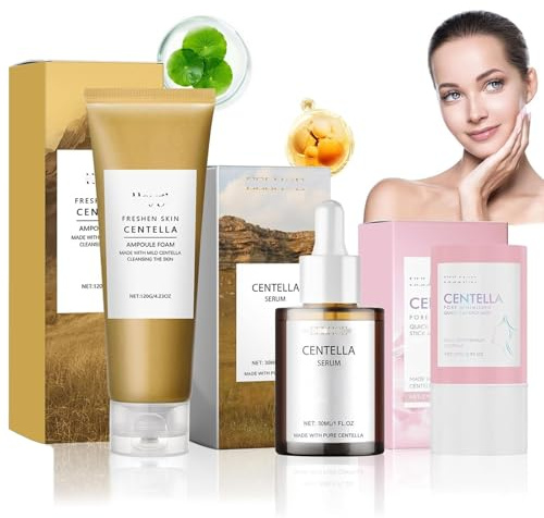 3 Piezas Skincare Centella Kit, Centella Limpiador Facial, Centella Serum, Centella Stick Mask, Skincare Coreano Kit, Hidratante, Nutre, Minimiza los Poros, Apto para Todo Tipo de Piel
