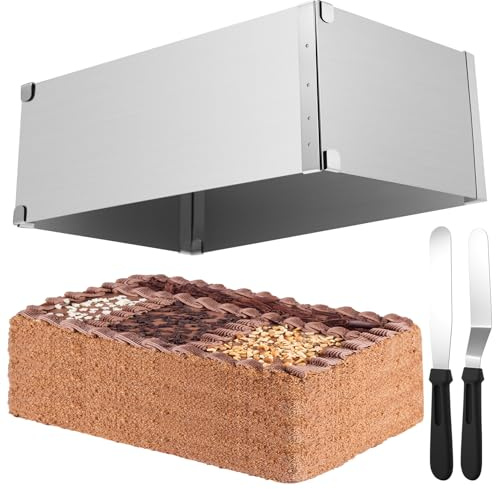 FutureHight Telaio da forno rettangolare regolabile, in acciaio , rettangolare da 28 a 53 x 18 a 32, per torta regolabile con divisore e 2 spatole, per cottura uniforme e torta a strati