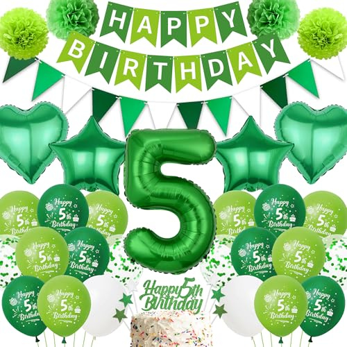 Tasoraor Deko 5. Geburtstag Junge Grün - Happy Birthday Banner Girlande Wimpel Tortendeko, Seidenpapier Pompons und Stern Herz Riesen Zahl 5 Folienballon für 5 Jahre Geburtstagsdeko