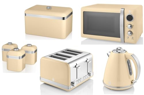 Swan Retro Cream Kitchen Set of 7 – 1.5L 3KW Jug Kettle, 4 Slice Toaster, 20L 800W Digital Microwave, Bread Bin & Tea Coffee Sugar Canisters – Matching Vintage Cream Appliances, 2 Year Guarantee