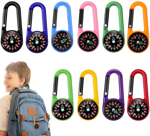 Glamifyr 10 Stück Kompass Kinder,Kompass Schlüsselanhänger,kompass Mit Karabinerhaken,Bunte Mini Karabiner Compass,Multifunktionaler Tragbarer Compass,für Camping,Aktivitäten Freien,Geschenke Kinder