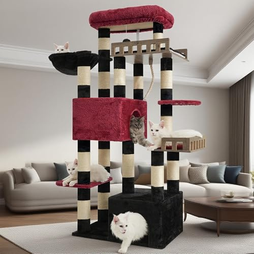 Gitelsnour rascador para Gatos Grandes, árbol para Gatos de 174 cm de Altura, con 2 Plataformas Colgantes Grandes, 2 Casitas para Gatos de Interior, 15 rascadores, Negro y Rojo GCT033BR