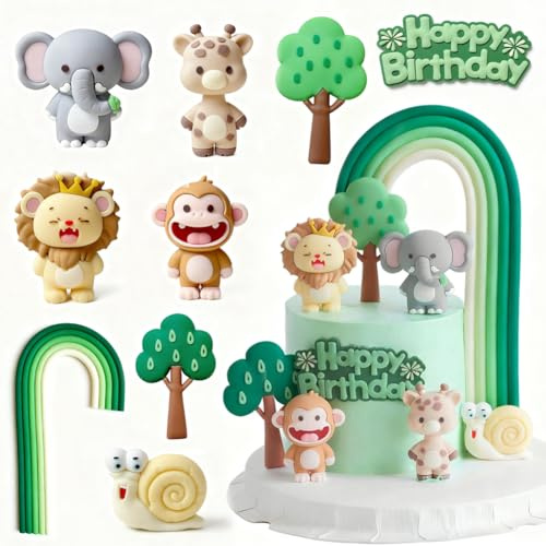 Jungle Animal Birthday Figures Cake Decoration 9Pcs 3D Cartoon Safari Animal Cake Topper Giraffe Lion Elephant Monkey Snail Cake Decoration Cupcake Topper for Baby Shower Kids Birthday Party