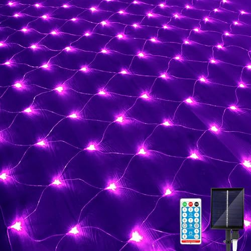 KINGCOO Solar Lichternetz Außen, Wasserfest LED Netz Solar Mesh Lichtervorhang Lichterkette Fernbedienung 8Modi für Schlafzimmer Weihnachten Garten Party Hochzeit Fenster (Lila, 3x2M 192LED)
