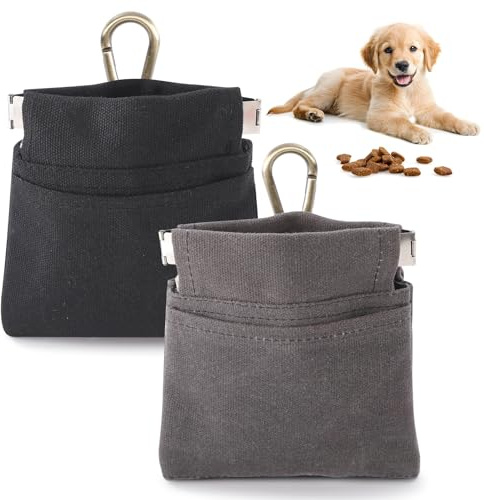 Lanjue Dog Treat Bags 2 Pack, 600D Oxford Pouches with Clip, Grey & Black | 12 x 12 cm, Metal Spring Opening, Belt Clip For Walks And Training, Stores Treats, Toys and Waste Bags