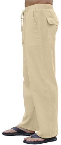 CheChury Pantaloni Casual Lunghi da Uomo in Lino e Cotone Estivi Leggeri Pantaloni Gamba Larga con Coulisse Pantalone Vita Elasticizzati Pantalone Uomo Leggeri con Tasche per Mare e Viaggio Spiaggia