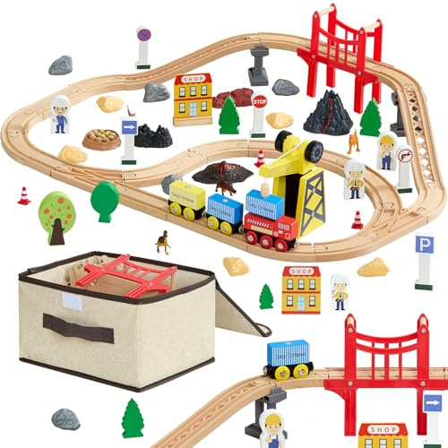 VEVOR Giocattoli Trenino per Bambini 70 Pezzi, con Gru Magnetica, Giocattolo per Treni in Legno per Bambini dai 3 agli 8 Anni, Set di Gru da Costruzione, Compatibile con le Principali Marche