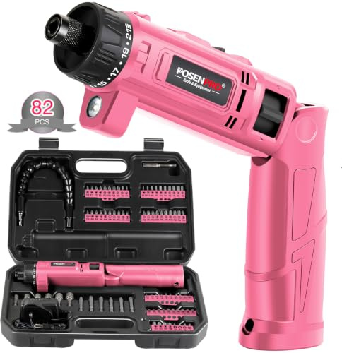 POSENPRO 82Pc 8V Cordless Electric Screwdriver, 10Nm Max Torque | Rechargeable Screwdriver Set, 230 RPM, 21+1 Cluth, LED Work Light, Dual Position Handle, Charger and Storage Box, Pink