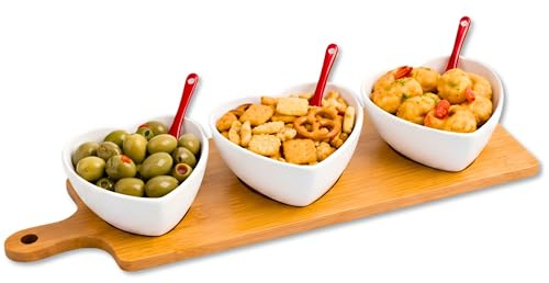Générique Plateau Apéritif en Bambou avec 3 Coupelles en Porcelaine et Cuillères - Bol Apéritif pour Tapas, Olives, Sauces et Amuse-Bouches - Set Apéritif pour Buffet, Cocktail et Dégustation