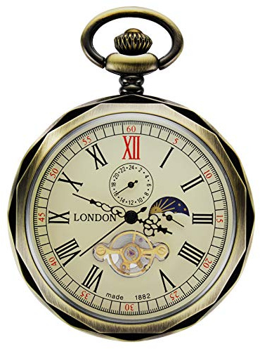 Treeweto - Orologio da tasca in bronzo con catenella, quadrante con numeri romani, formato 24 ore, rotazione sole e luna, in confezione regalo