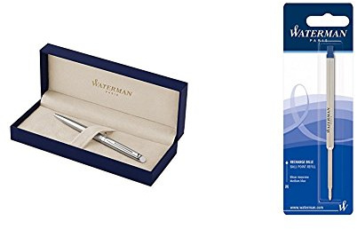 Waterman S0920470 Hémisphère-Kugelschreiber (Strichstärke M, edelstahlfarben mit Palladiumzierteilen, blaue Tinte) + Waterman S0944490 Kugelschreibermine (M) Tinte in blau