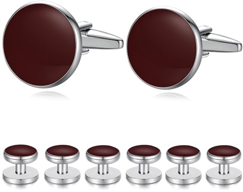 HONEY BEAR Herren Manschettenknöpfe 1 Paar und 4 Stück Frackknöpfe,MEHRWEG (Dunkelrot)