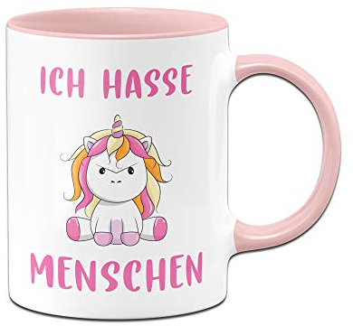 Tassenbrennerei Tasse Ich Hasse Menschen mit Einhorn Kaffeetasse mit Spruch lustig (Rosa)