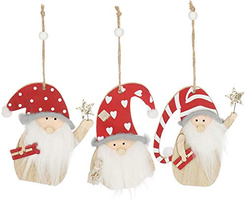 com-four® 3X Hängedeko Zwerg mit weißem Bart und roter Weihnachtsmütze | kleine Wichtel aus Holz zum Anhängen - 13 cm [Auswahl variiert]
