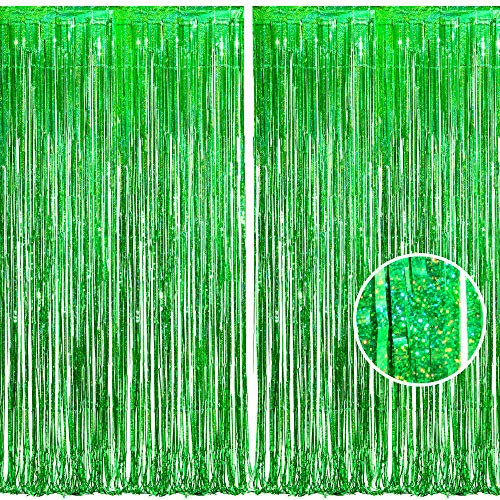 BRAVESHINE 2PCS Green Tinsel Foil Fringe Curtain Party Backdrop - 3.2x8.2ft Sparkle Tinsel Metallic Curtains for Christmas Kids Birthday Dinosaur Jungle Graduation St Patricks Day Party Decorations