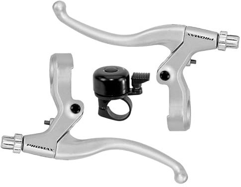 maxxi4you Promax V-Brake Bremsgriffe - links/rechts/Set - Bremshebel Bremsen-Set Hebel-Set silber inkl. Fahrradklingel