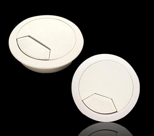 Bayli Juego de 2 pasacables para escritorio, 80 mm, color blanco, con junta antipolvo para varios escritorios y encimeras de oficina, caja redonda de plástico ABS, salida de cable