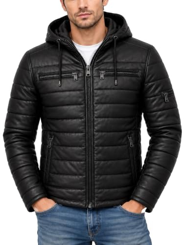 Giacca in vera pelle | Giacca da uomo in pelle con cappuccio 100% pelle di agnello completamente trapuntata | Giacca in vera pelle per uomo | Giacca da moto con cappuccio, Nero , M