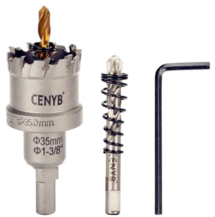 CENYB 1-3/8 (35mm) Tungstencarbidtäckt hålsåg med 2 st titanbelagda pilotbormaskar för hårda metaller, rostfritt stål, järn, aluminiumlegering, trä och plast.