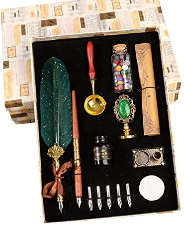 Stylo Dip à Plume Set, JasCherry Plume Calligraphie et Encre avec Sceau de Cire, Encre et 5 Pointes de Rechang, Coffret Cadeau pour Signatures, Calligraphie, Dessin, Ecriture, Décoration