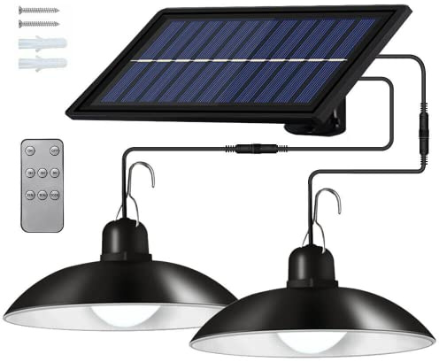 LONENESSL Solar Lights Outdoor,Solar Shed Light with Remote Control,3W 60 LED Dimmable Solar Pendant Light Double Head,IP65 Waterproof, for Garden Yard Porch Patio