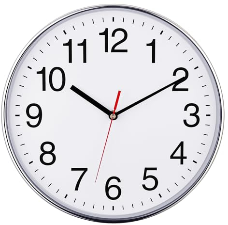Plumeet Wall Clock, 10 Non Ticking Silent Quartz Wall Clocks, Battery Operated, Decorative Home Office School Clock (Chrome)