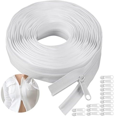 Endlos Reissverschluss mit Zipper Reissverschluss für Bettwäsche, 5mm 5m Reißverschluss Meterware mit 15 Metall Schieber, Nylon Endlosreißverschluss mit Zipper Weiß, für Tasche Kleidung Bettwäsche