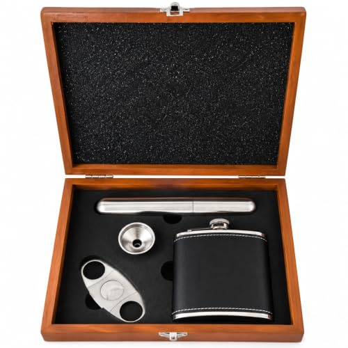 Flask Gift Set for Men – Stainless Steel Hip Flask with Funnel, Cutter & Case in Elegant Wooden Box – Perfect for Whiskey Lovers, Groomsmen, Gifts & Special Occasions