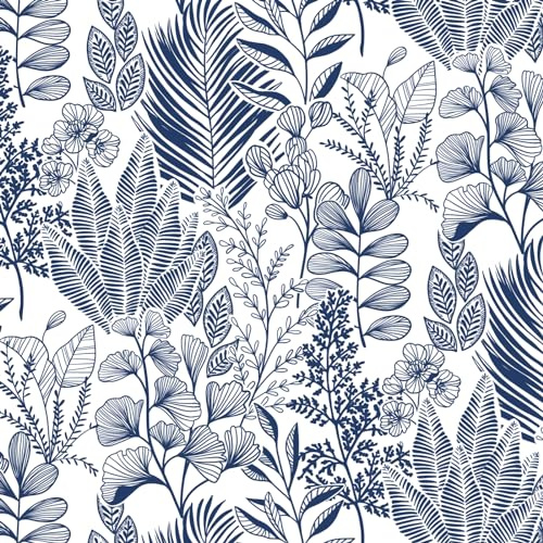 Fiula Papier peint autocollant motif feuilles bleu et blanc - 41 x 300 cm - Botanique - En vinyle - Amovible - Imperméable - Pour armoire, mur, chambre à coucher
