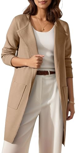 Timuspo cardigan dam lång öppen front coatigan enfärgad tröja kofta draperad ledig elegant höst vinter stickad kappa med fickor, kaki, S