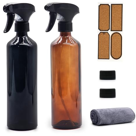 OFFIDIX Glas-Sprühflaschen, 2 Stück, Glas-Bewässerungssprühflaschen, Handdrucksprühflaschen, nachfüllbar, leere Flaschen mit verstellbarer Düse für Reinigung, Gartenarbeit (Schwarzbraun)