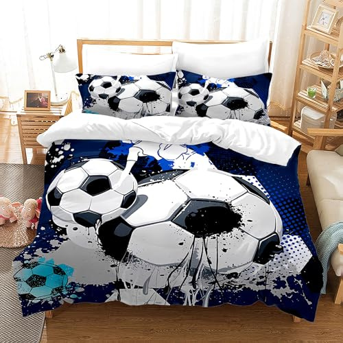 Parure de lit pour enfant - 135 x 200 cm - Impression 3D - Motif de football - Housse de couette et taie d'oreiller - Bleu - Avec housse de couette et taie d'oreiller (A-3, 200 x 200 cm)
