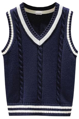 Yishengwan Jungen Pullunder Kinder V-Ausschnitt Strickweste Ärmellos Strickpullover Sweatshirt Gestrickte Weste Marine 10-11 Jahre