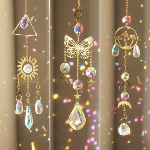 3 acchiappasole con cristalli arcobaleno, ciondolo a forma di farfalla, decorazione per finestre, casa, giardino, giorno, feste, matrimoni, decorazione per la casa, il giardino (3, funghi)