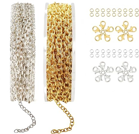Zhenghebuy 2 Rollen 5M Gliederkette Meterware Kit,Edelstahl DIY Link Kette Halsketten mit 40 Karabinerverschluss und 100 Biegeringe für DIY-Ohrringe,Armbänder,Schmuckherstellung 5M/Roll