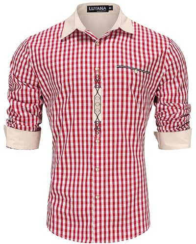 LUYANA Oktoberfest Hemd Herren Trachtenhemd Kariertes Langarm Hemd Trachten Stickerei Hemden Rot L