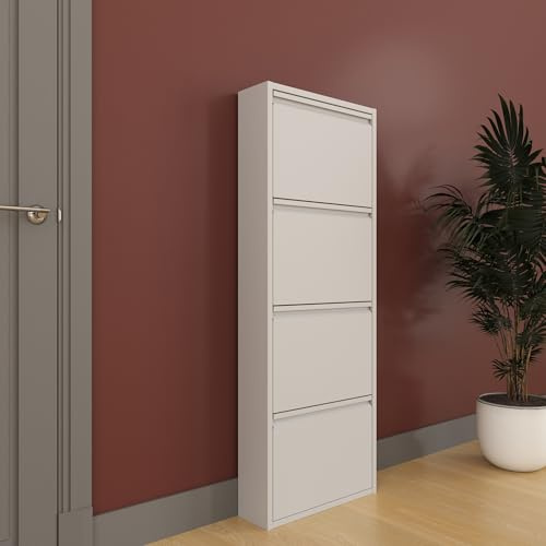 furni24 Schuhschrank Schmal – Platzsparender Metall-Schuhschrank mit Magnetklappen, Platz für 8-12 Paar Schuhe, Wandmontierbar und Vormontiert - 4 Klappen, Grau