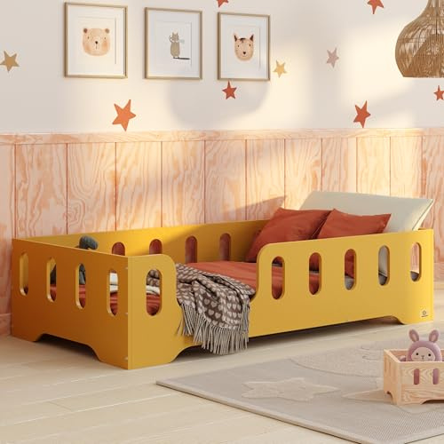 smartwood Bodenbett 80x160 cm mit Rausfallschutz, Holz, Gelb, TILA 2L | Montessori Kinderbett, Lattenrost belastbar bis 230 kg, FSC-Zertifikat, abgerundete Kanten, Einfache Montage, ab 3 Jahren
