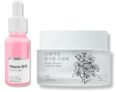 Pink Recharge Duo - The Potions Vitamin B12 Ampoule & House of Dohwa Peach Blossom Overnight Mask for Nighttime Hydration and Skin Energy Boost, Korean Skincare Set for Dry and Tired Skin