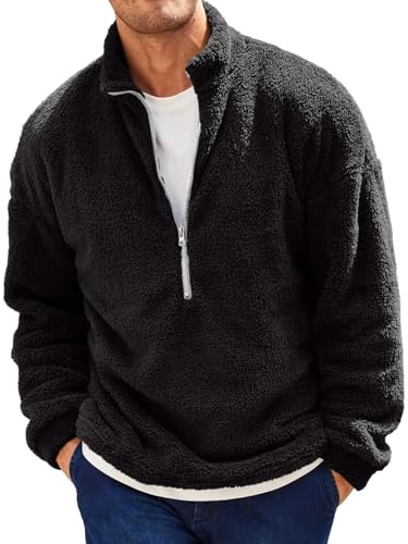 Runcati Felpa pullover da uomo in peluche con zip 1/4, sweatshirt in pile teddy Fuzzy Sherpa, top leggeri casual basic per autunno e inverno, Nero , M