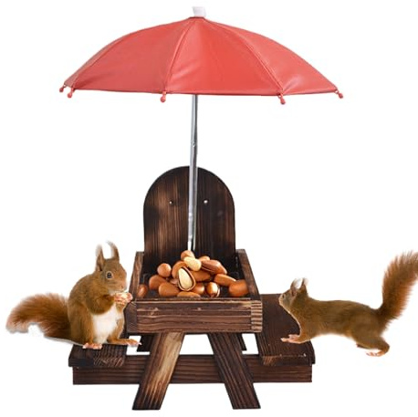 Eichhörnchen Futterhaus, Eichhörnchenfütterer Für Den Außenbereich, Humoristischer Picknicktisch Mit Schirm Für Eichhörnchen, Aktivitätsbereich Für Wildtiere Mit Mais Halter Aus Holz Für Balkon Patio