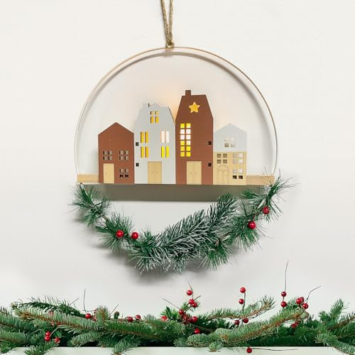 Türkranz Weihnachten, Weihnachtsdeko tür Fensterdeko Hängend, Weihnachten Deko LED Dekoring mit Holzhaus, 28 cm, Weihnachtskranz, Weihnachten Winter Deko Hänge Metall Ring mit Kranz