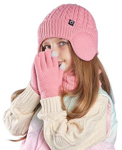 Ensemble Bonnet Echarpe Enfant Hiver Tricoté Tour de Cou Chaud, Écharpe et Gants D'hiver pour Enfants 4 à 11 Ans, Bonnet Enfant Hiver Accessoires avec Cache-oreilles, avec Doublure en Polaire Douce