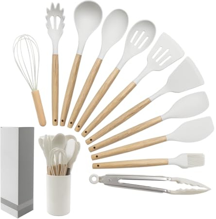 Ensemble de 12 Ustensiles de Cuisine en Silicone avec Manches en Bois – Antiadhésifs, Résistants à la Chaleur & Faciles à Nettoyer – Spatules, Louche, Fouet & Support – Design Moderne et Élégant