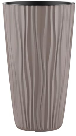 Engelland Pflanzkübel mit Einsatz, Blumentopf mit Wasserspeicher & 3D Struktur, hoch & rund, modern & frostfest, robust & langlebig, für Innen & Außen, Kunststoff, Ø 28 x H 49 cm, Braun