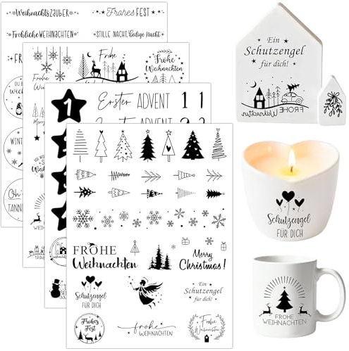 Coicok 4 Stück Rub On Sticker Weihnachten&Advent, Weihnachts Folie Aufkleber 19x14cm für Keramik,Glas, Möbe,Holz,DIY-Kunsthandwerk,Party Deko-Rub Ons Weihnachtsgrüße Transferaufkleber